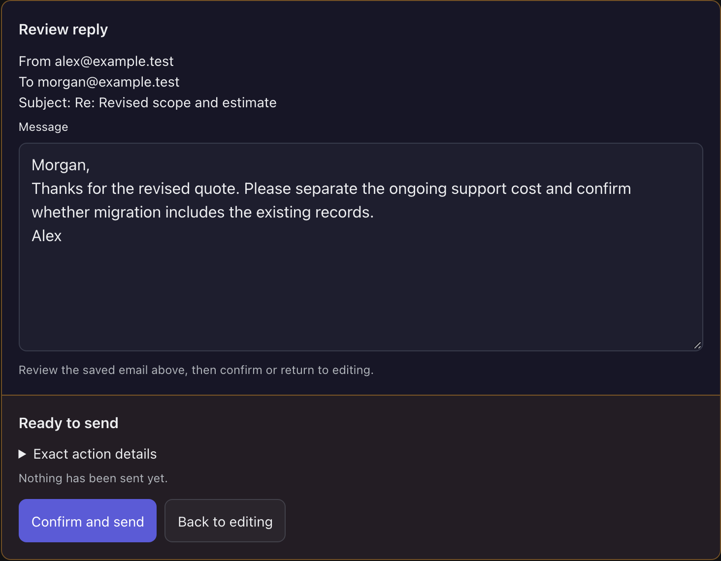 Reply review showing a fictional vendor email, the prepared response, and controls to confirm sending or return to editing.