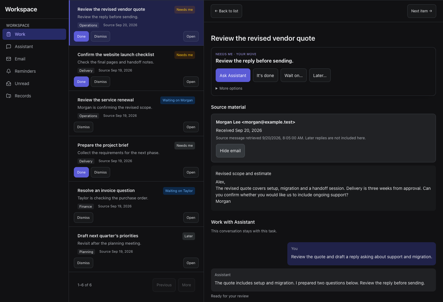 Business workspace showing a fictional vendor enquiry with its linked source email and a conversation asking the assistant to prepare a reply.