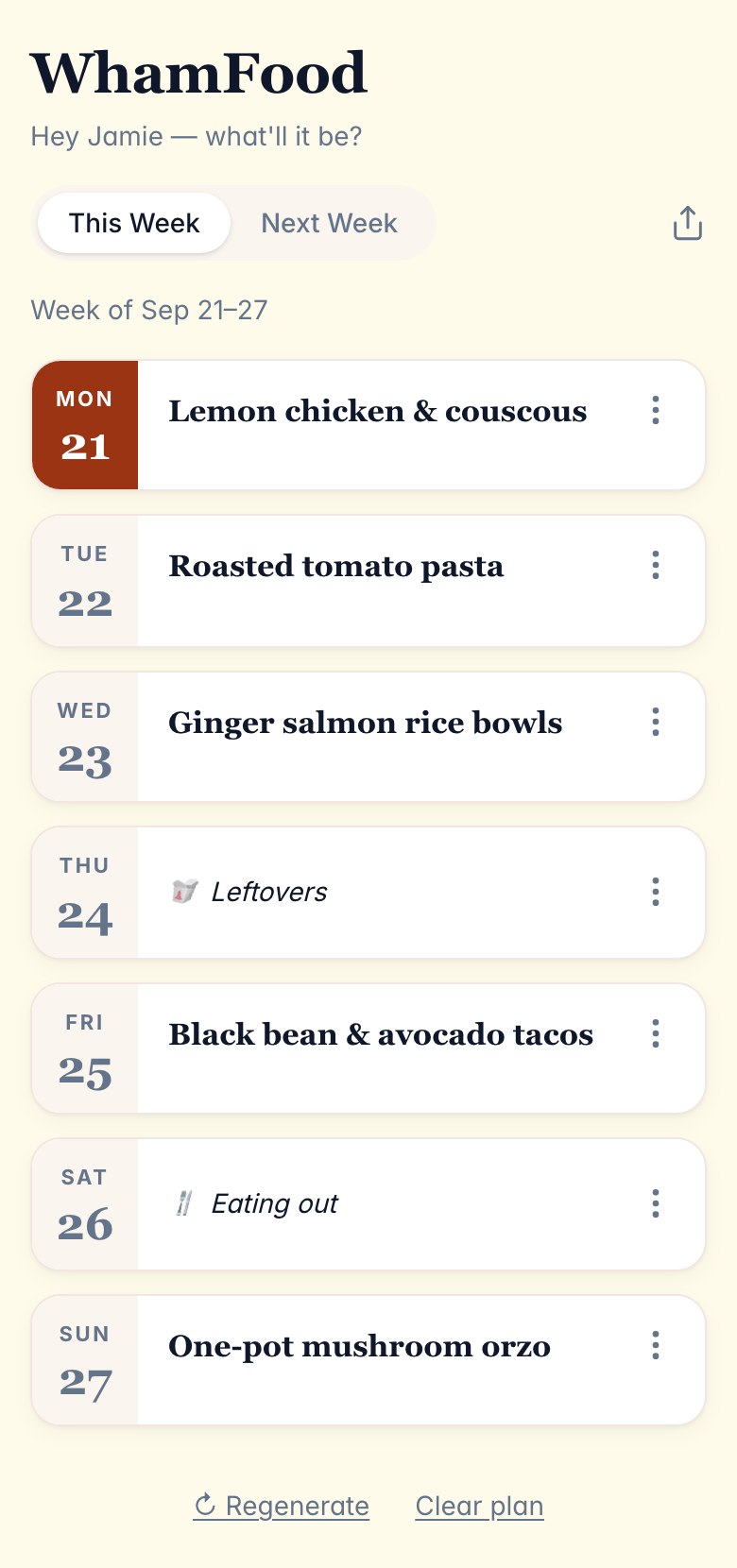 WhamFood mobile meal planner showing a weekly schedule with recipe cards and controls for changing meals.